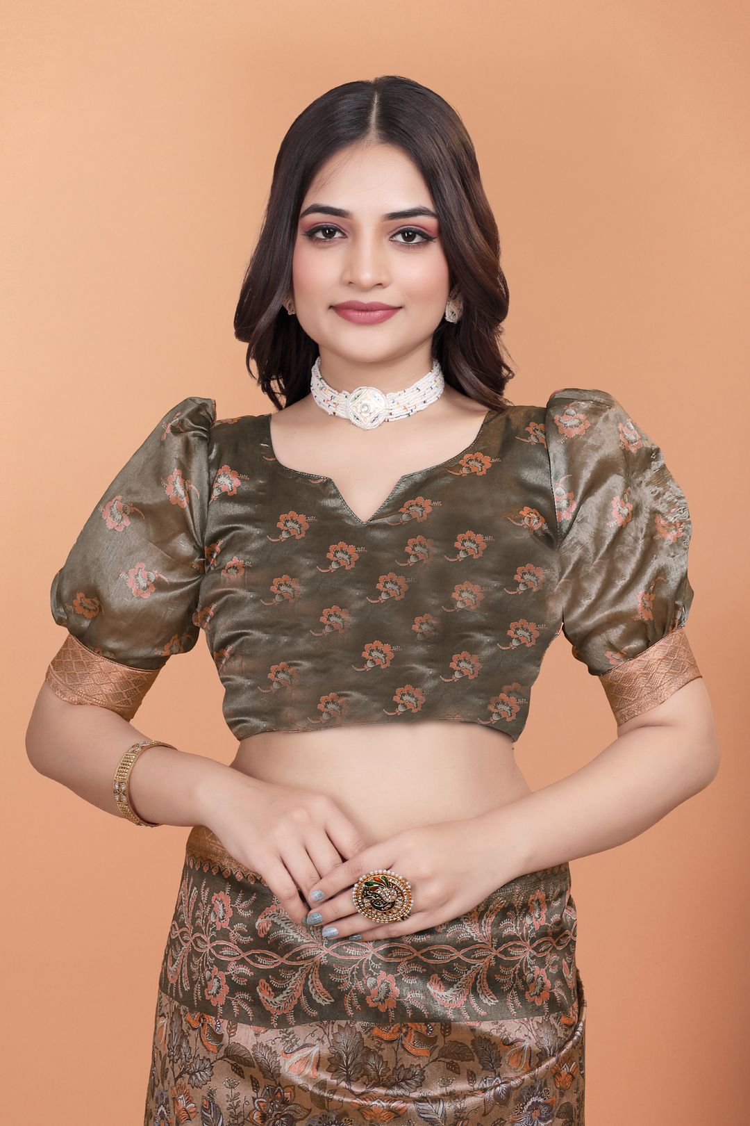 Buy New Peacock Floral Linen Cotton Blend Saree with Border