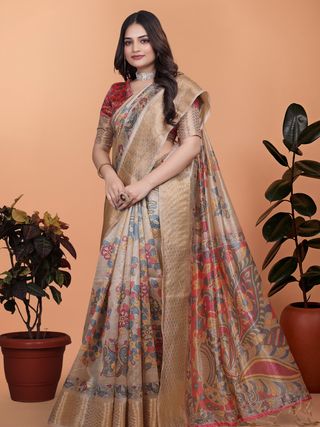 Buy Printed Linen Cotton Saree with Kalamkari Floral Border