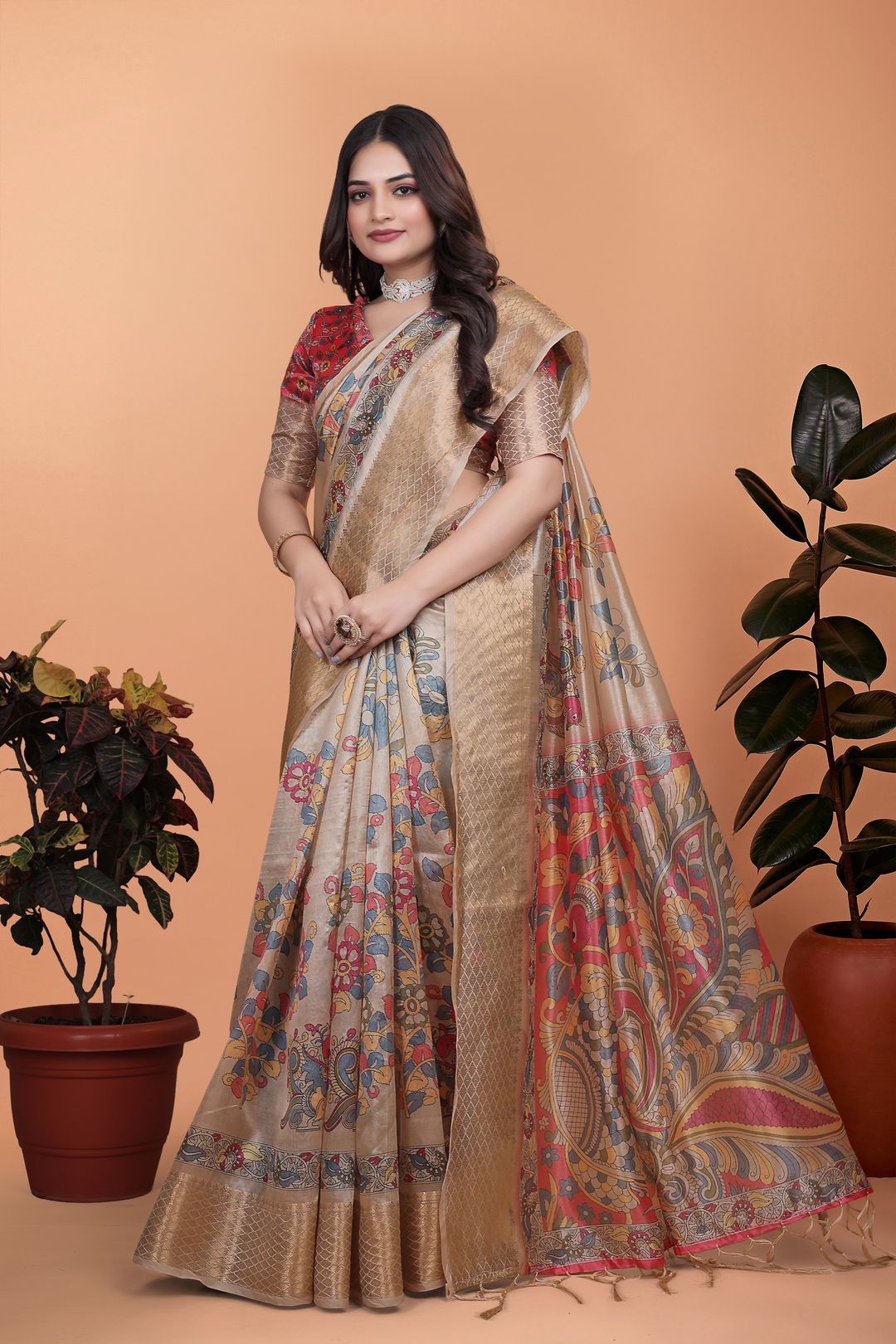 Buy Printed Linen Cotton Saree with Kalamkari Floral Border