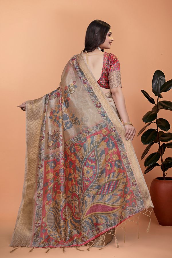 Buy Printed Linen Cotton Saree with Kalamkari Floral Border
