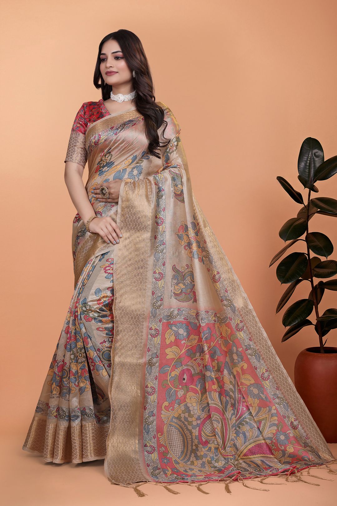 Buy Printed Linen Cotton Saree with Kalamkari Floral Border