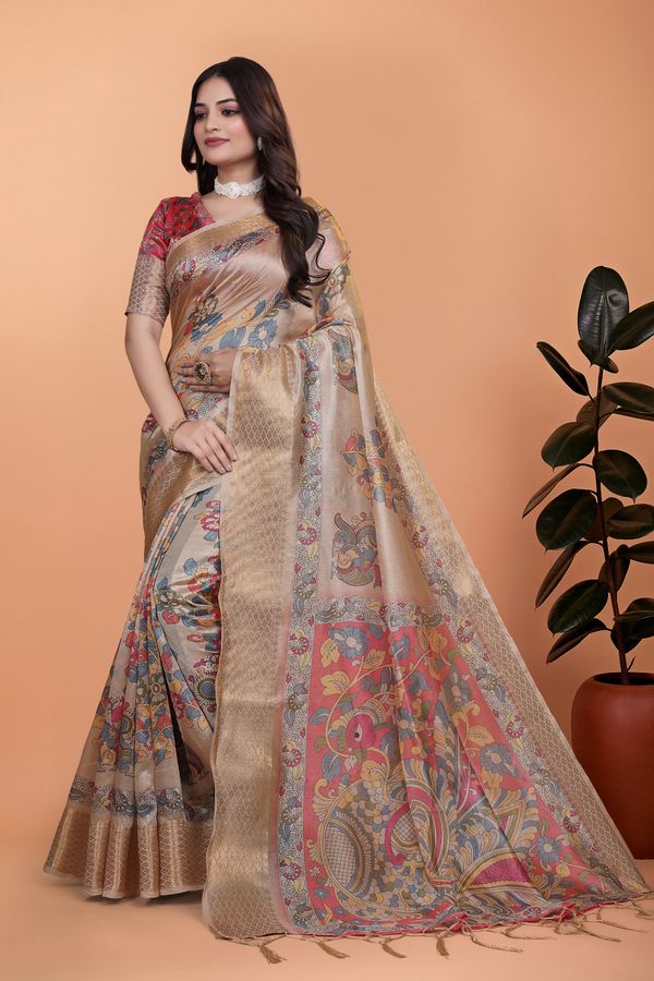 Buy Printed Linen Cotton Saree with Kalamkari Floral Border