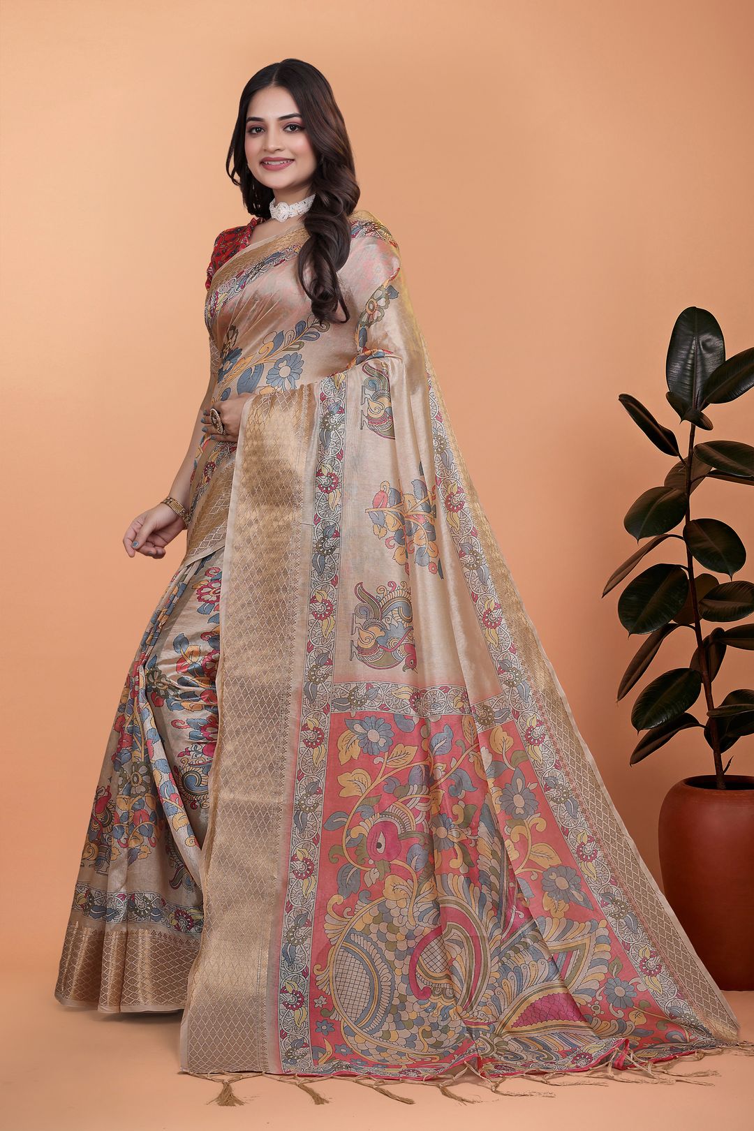 Buy Printed Linen Cotton Saree with Kalamkari Floral Border