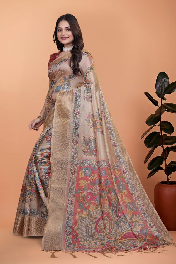 Buy Printed Linen Cotton Saree with Kalamkari Floral Border
