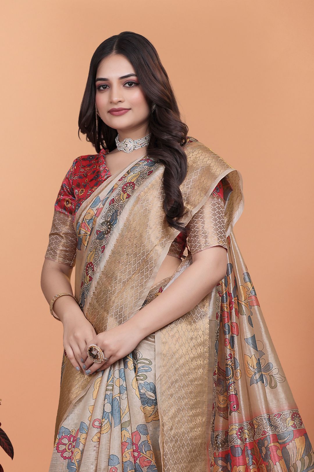 Buy Printed Linen Cotton Saree with Kalamkari Floral Border