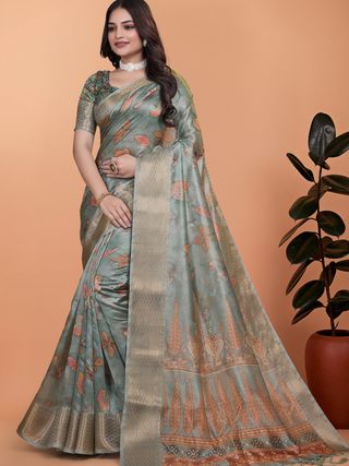 Buy Sage Green Floral Linen Cotton Saree with Golden Border