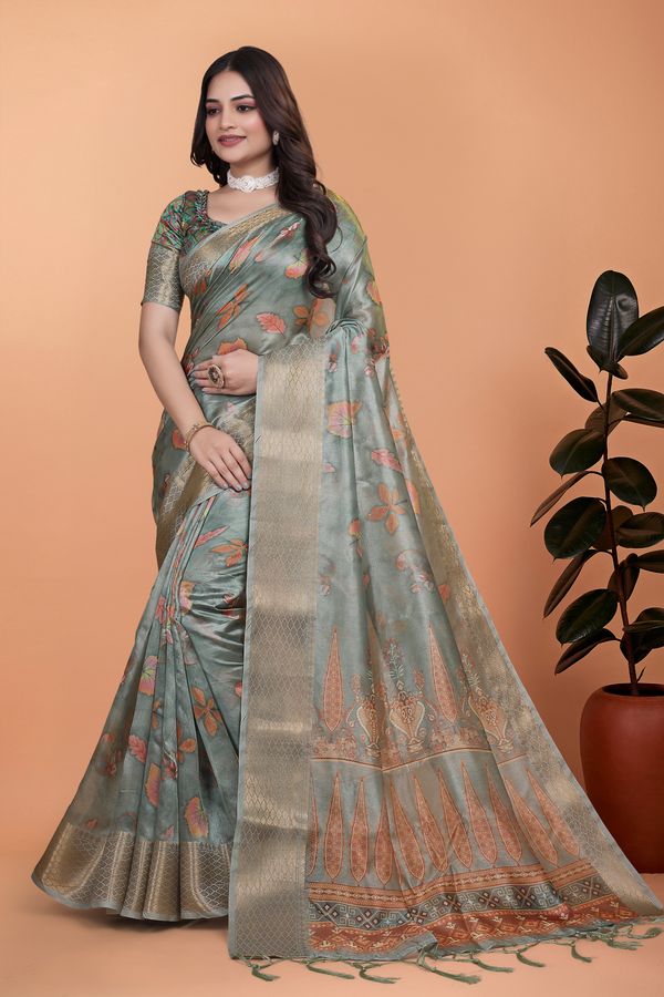 Buy Sage Green Floral Linen Cotton Saree with Golden Border