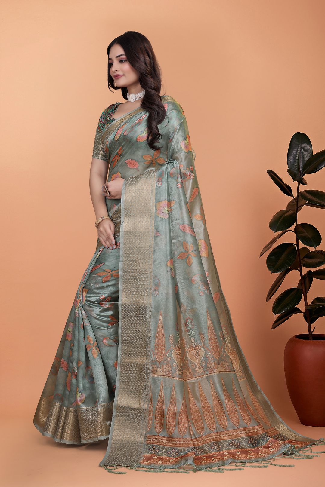 Buy Sage Green Floral Linen Cotton Saree with Golden Border