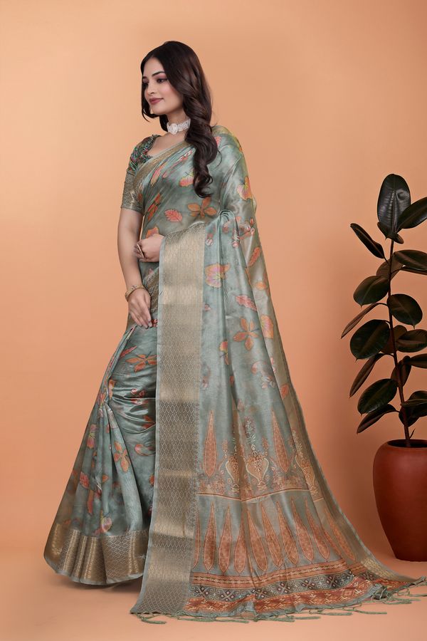 Buy Sage Green Floral Linen Cotton Saree with Golden Border