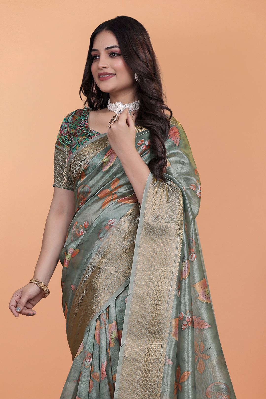 Buy Sage Green Floral Linen Cotton Saree with Golden Border