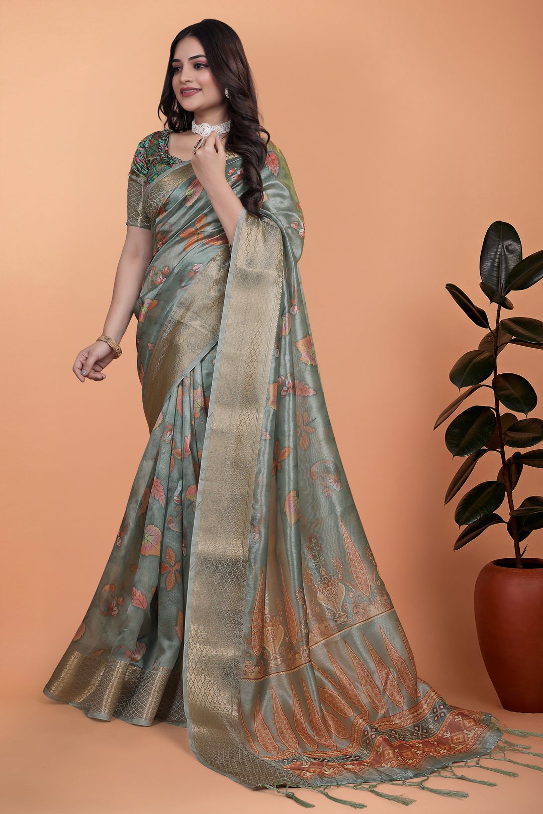 Buy Sage Green Floral Linen Cotton Saree with Golden Border