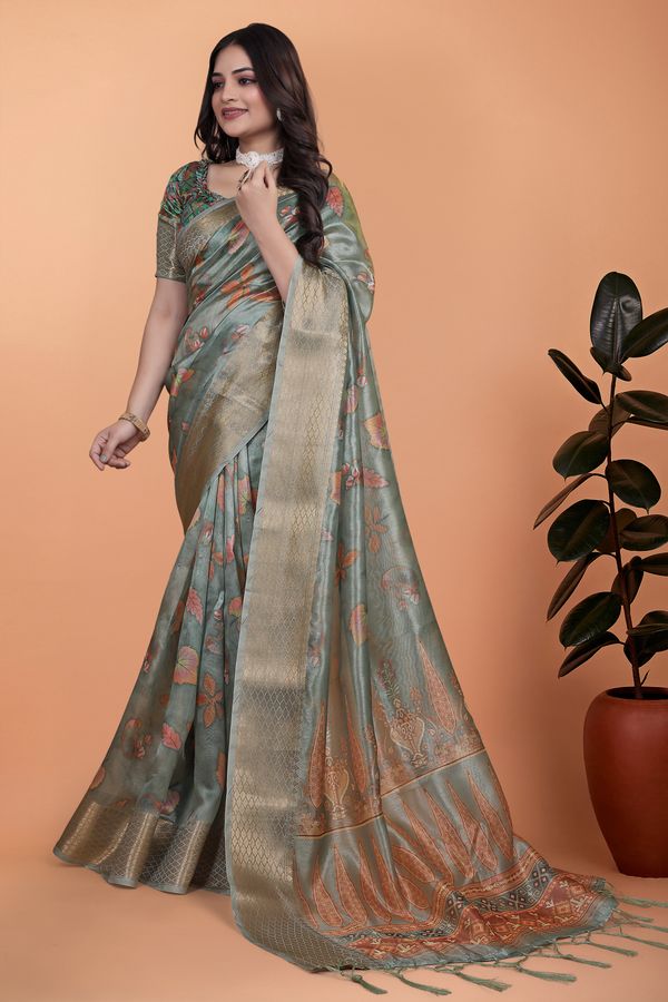 Buy Sage Green Floral Linen Cotton Saree with Golden Border