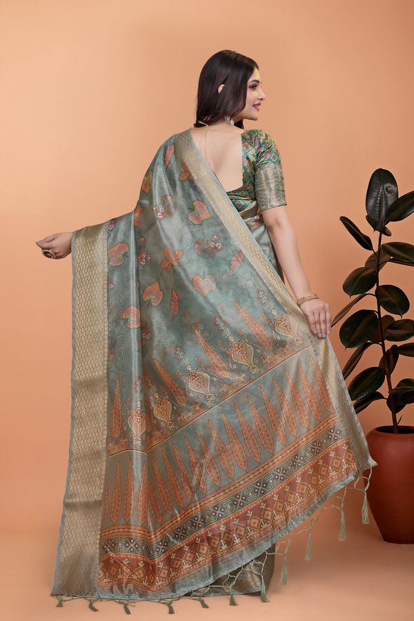 Buy Sage Green Floral Linen Cotton Saree with Golden Border
