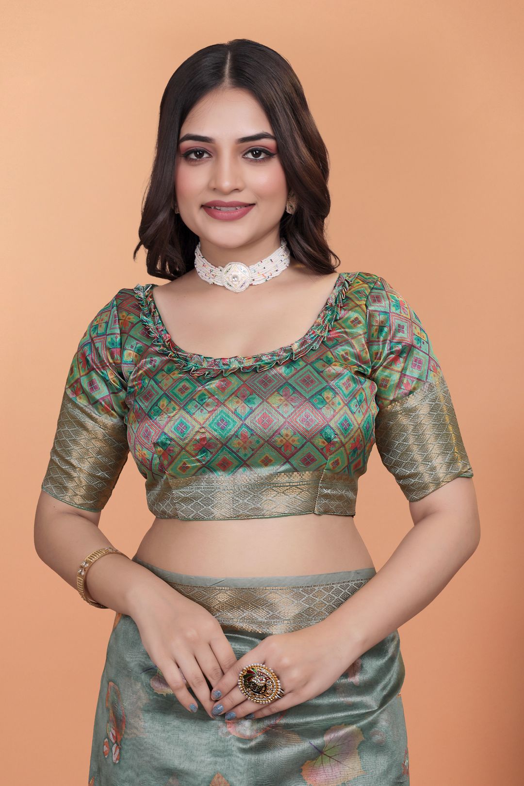 Buy Sage Green Floral Linen Cotton Saree with Golden Border