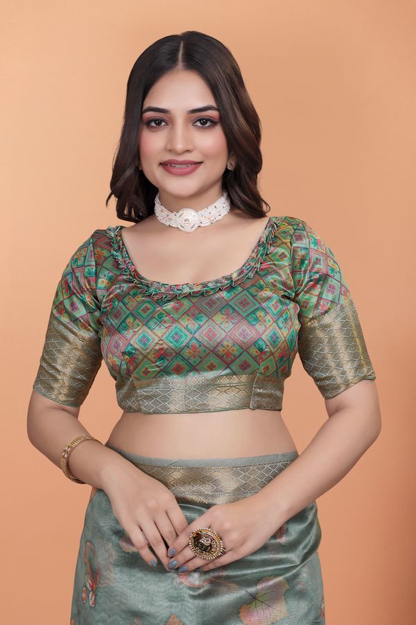 Buy Sage Green Floral Linen Cotton Saree with Golden Border