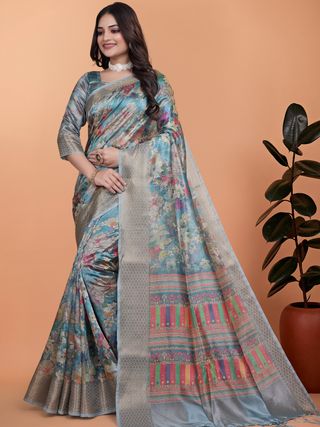 Buy Sky Blue Floral Linen Cotton Saree with Designer Border