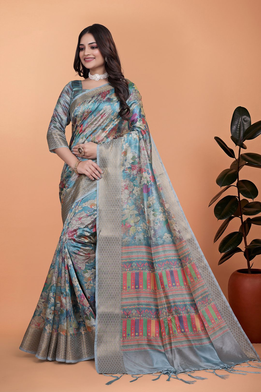 Buy Sky Blue Floral Linen Cotton Saree with Designer Border