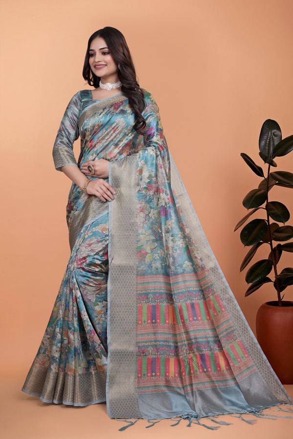 Buy Sky Blue Floral Linen Cotton Saree with Designer Border