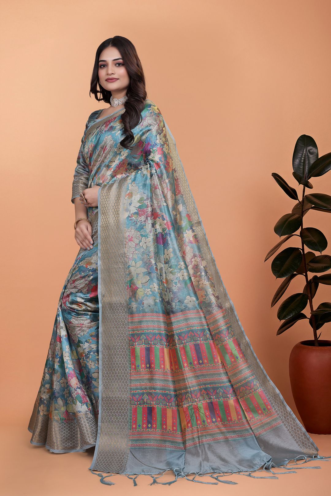 Buy Sky Blue Floral Linen Cotton Saree with Designer Border