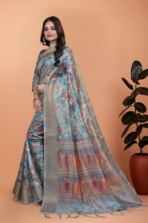 Buy Sky Blue Floral Linen Cotton Saree with Designer Border