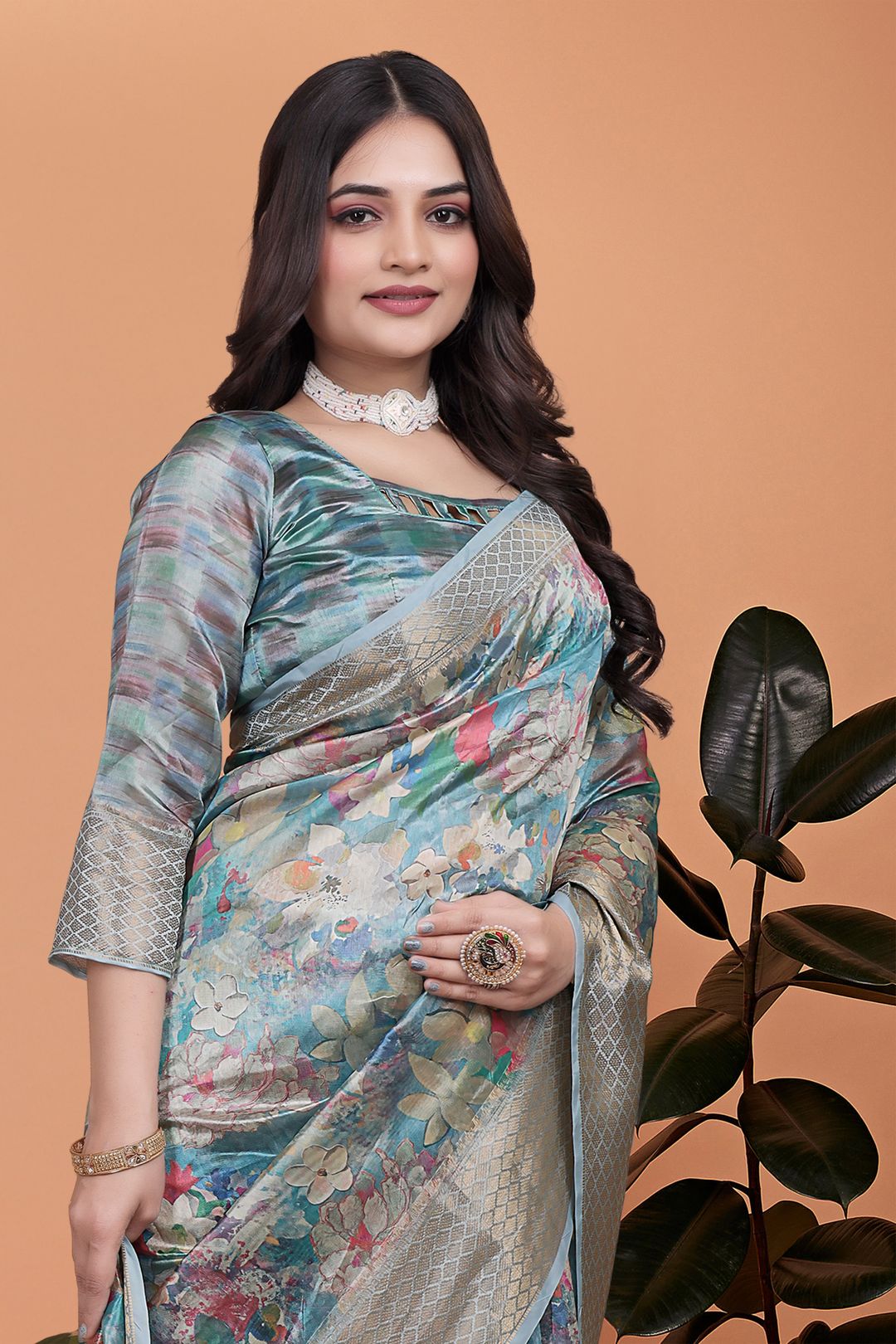 Buy Sky Blue Floral Linen Cotton Saree with Designer Border