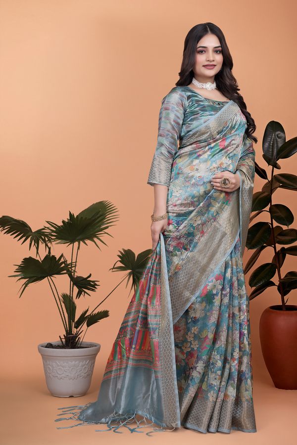 Buy Sky Blue Floral Linen Cotton Saree with Designer Border