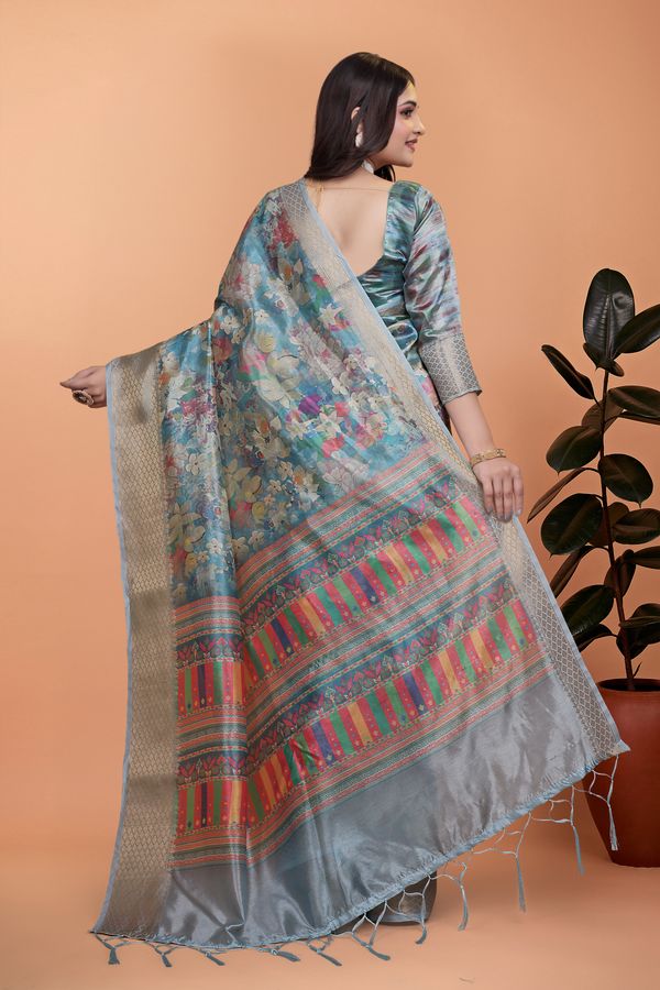 Buy Sky Blue Floral Linen Cotton Saree with Designer Border