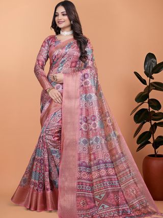 Buy Rose Pink Floral Linen Cotton Saree With Elegant Border