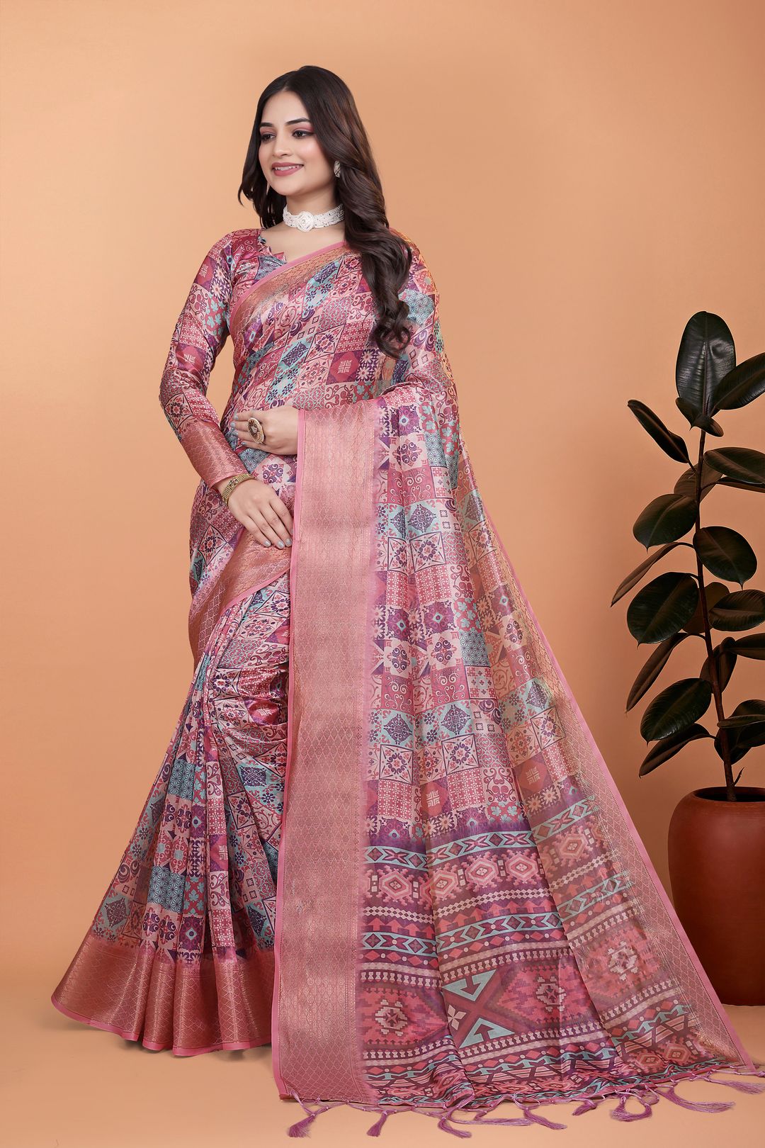 Buy Rose Pink Floral Linen Cotton Saree With Elegant Border