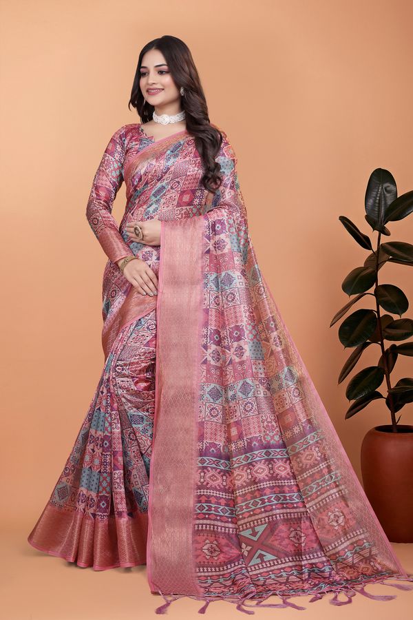 Buy Rose Pink Floral Linen Cotton Saree With Elegant Border