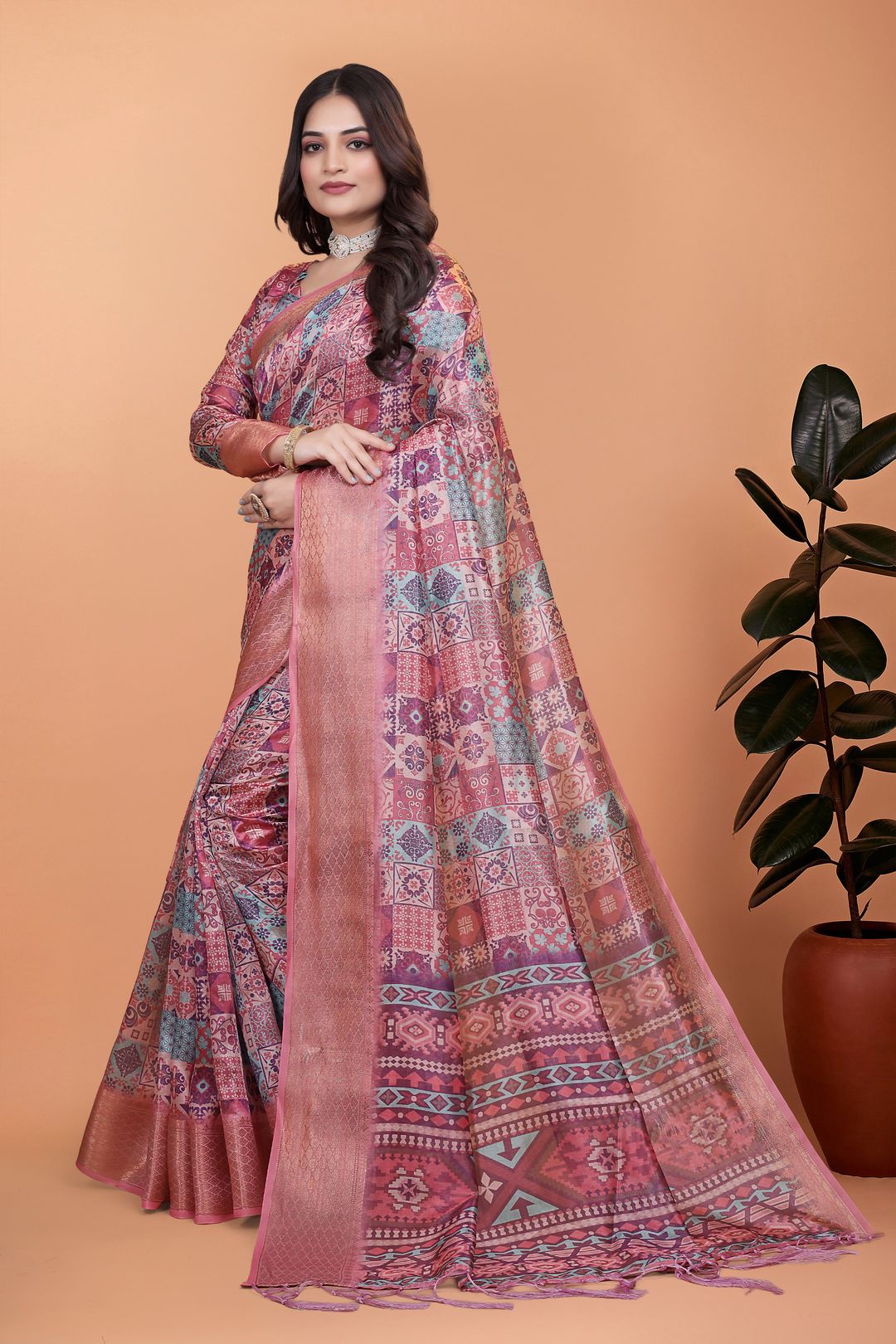 Buy Rose Pink Floral Linen Cotton Saree With Elegant Border