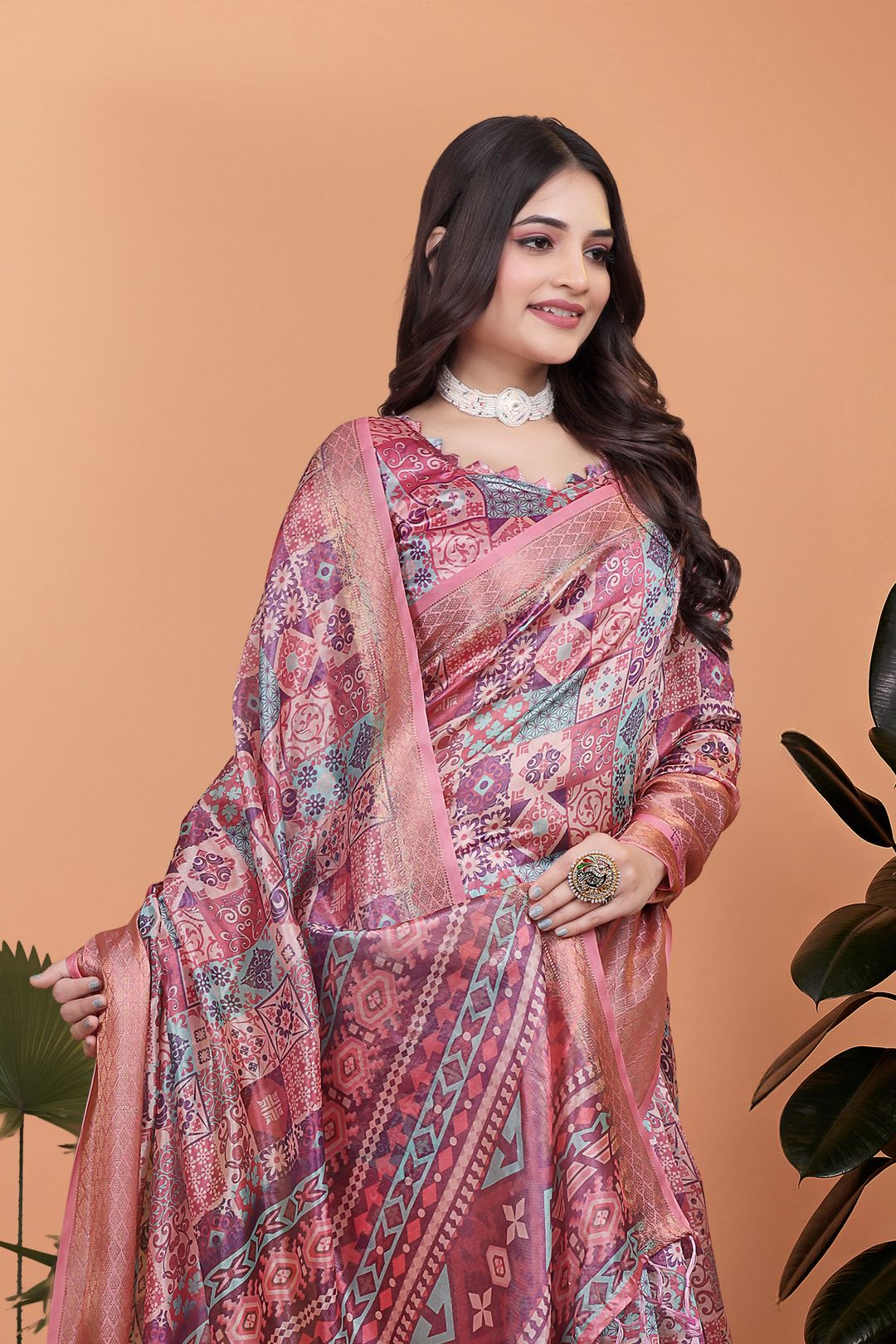Buy Rose Pink Floral Linen Cotton Saree With Elegant Border