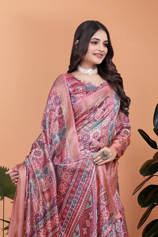Buy Rose Pink Floral Linen Cotton Saree With Elegant Border