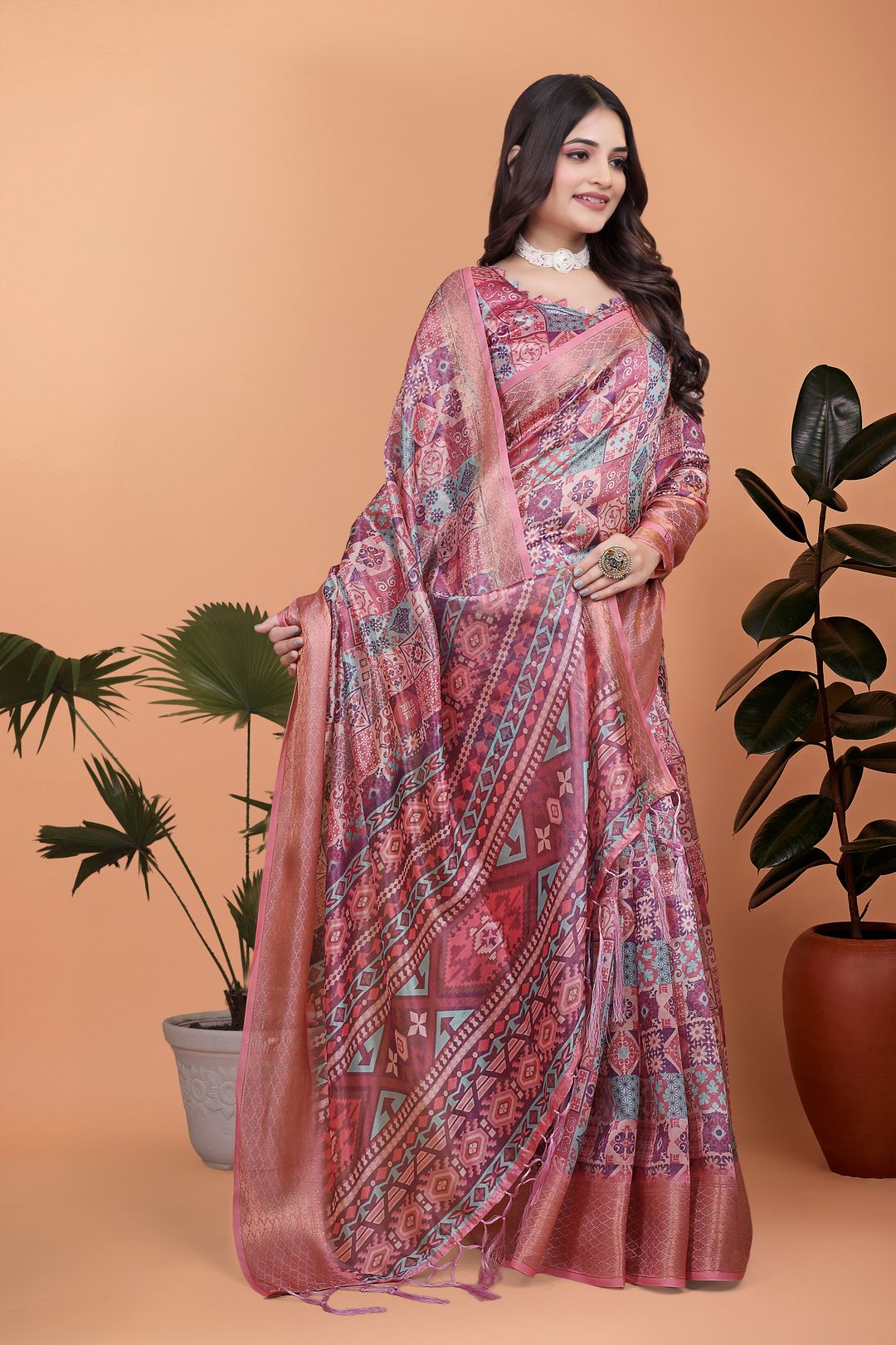 Buy Rose Pink Floral Linen Cotton Saree With Elegant Border