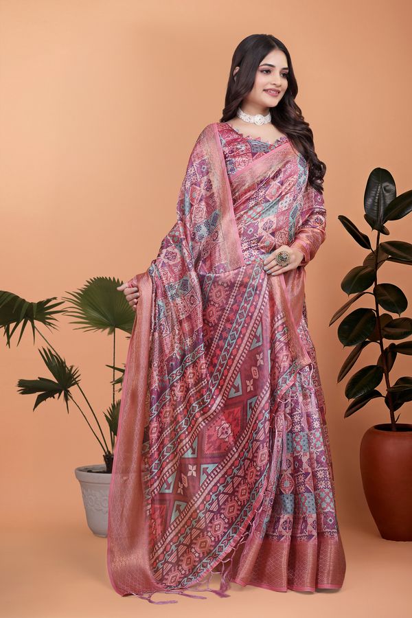 Buy Rose Pink Floral Linen Cotton Saree With Elegant Border