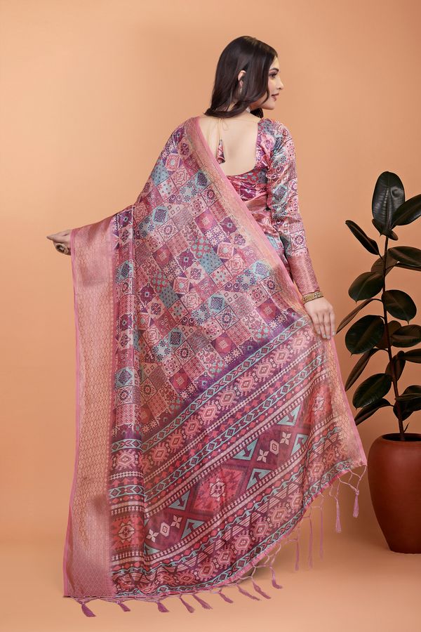 Buy Rose Pink Floral Linen Cotton Saree With Elegant Border
