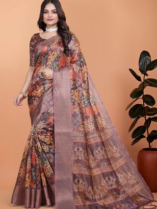 Buy Printed Floral Satin Saree With Woven Borders | Varnavi