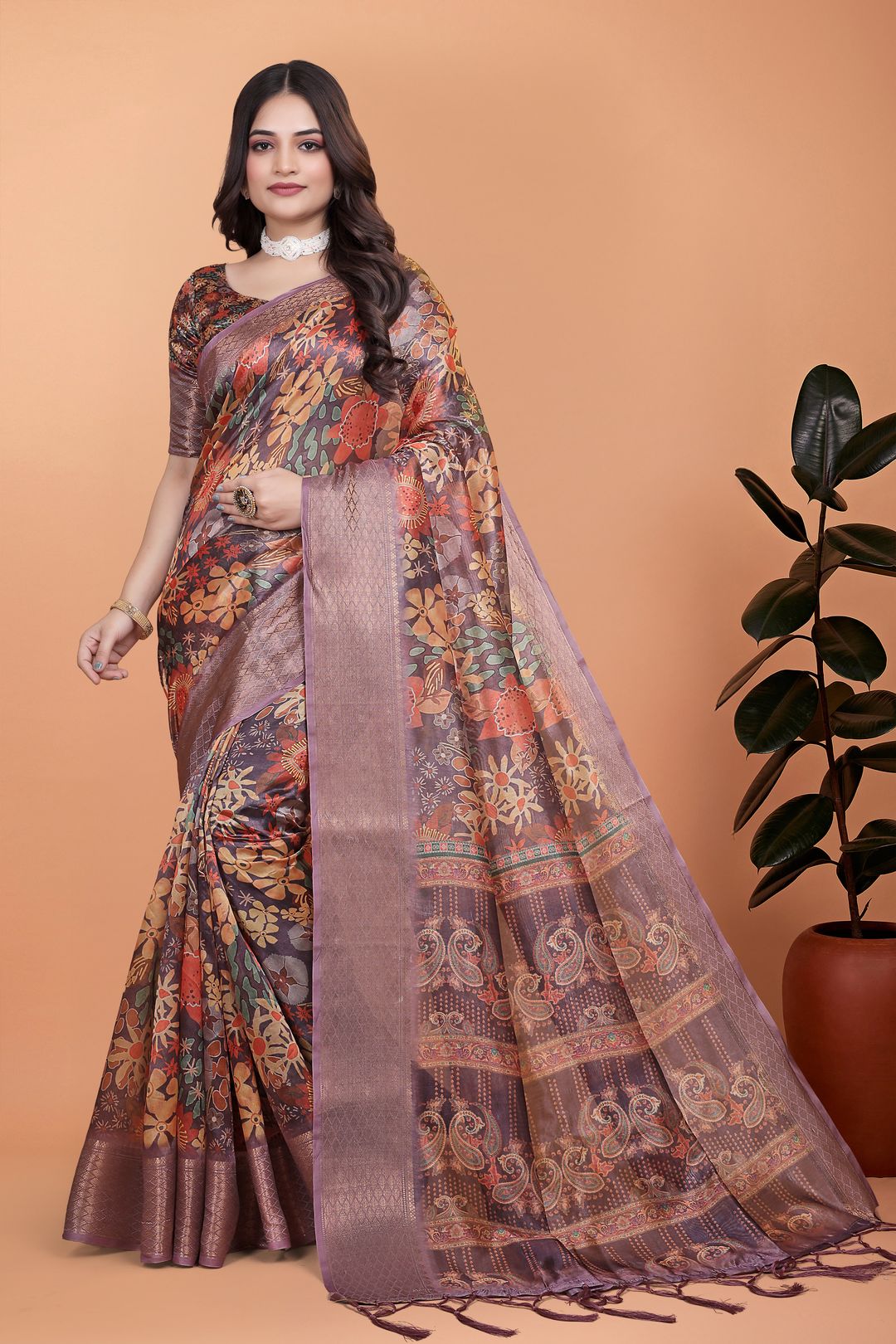 Buy Printed Floral Satin Saree With Woven Borders | Varnavi
