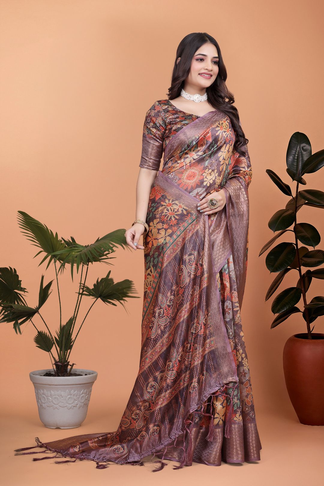 Buy Printed Floral Satin Saree With Woven Borders | Varnavi