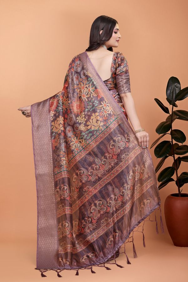 Buy Printed Floral Satin Saree With Woven Borders | Varnavi