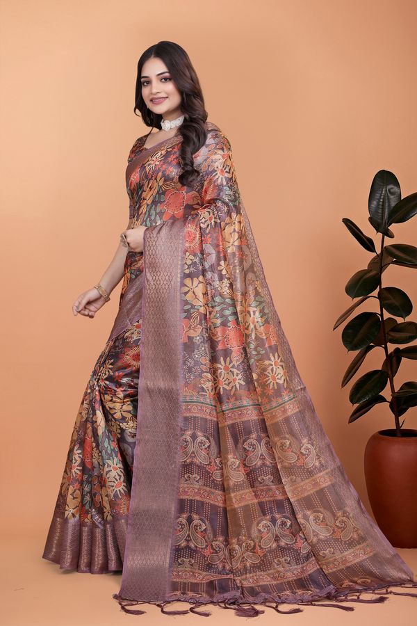 Buy Printed Floral Satin Saree With Woven Borders | Varnavi