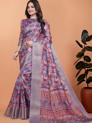 Buy Mauve Floral Printed Satin Saree With Woven Border