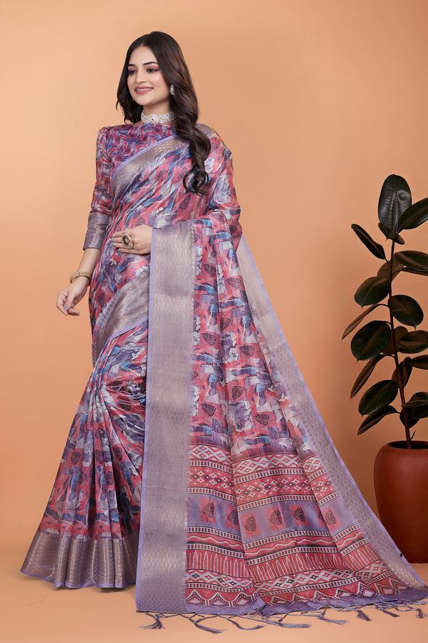 Buy Mauve Floral Printed Satin Saree With Woven Border