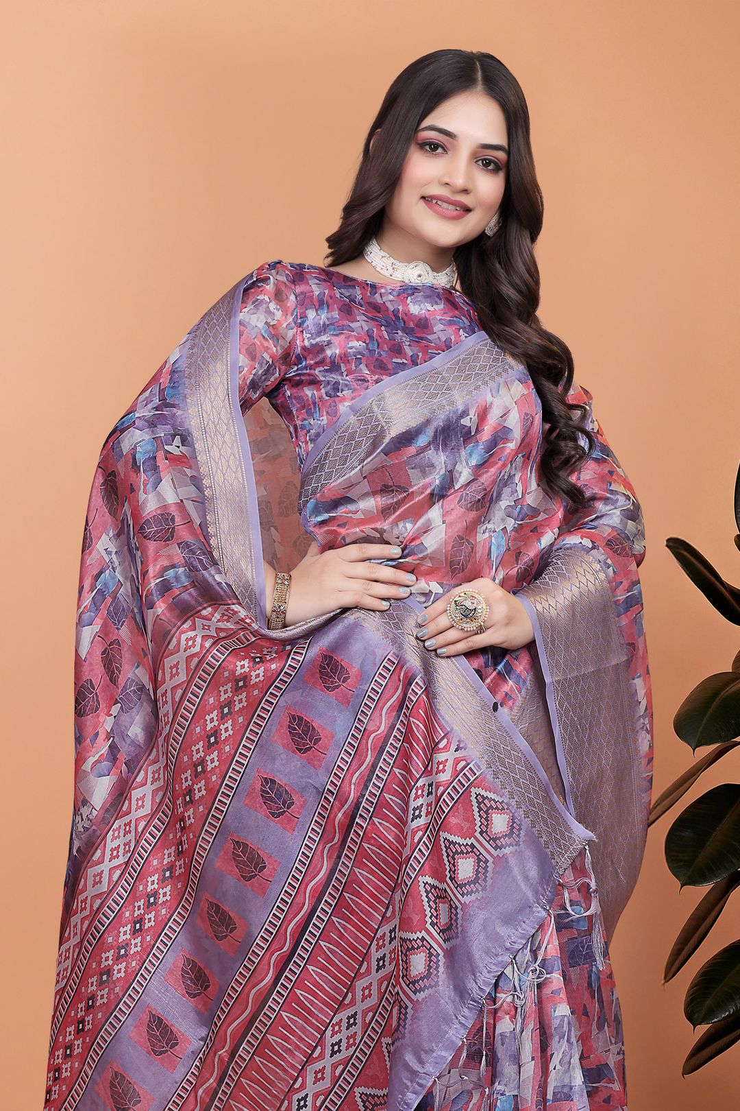 Buy Mauve Floral Printed Satin Saree With Woven Border
