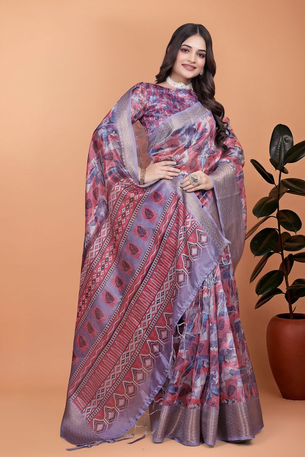 Buy Mauve Floral Printed Satin Saree With Woven Border