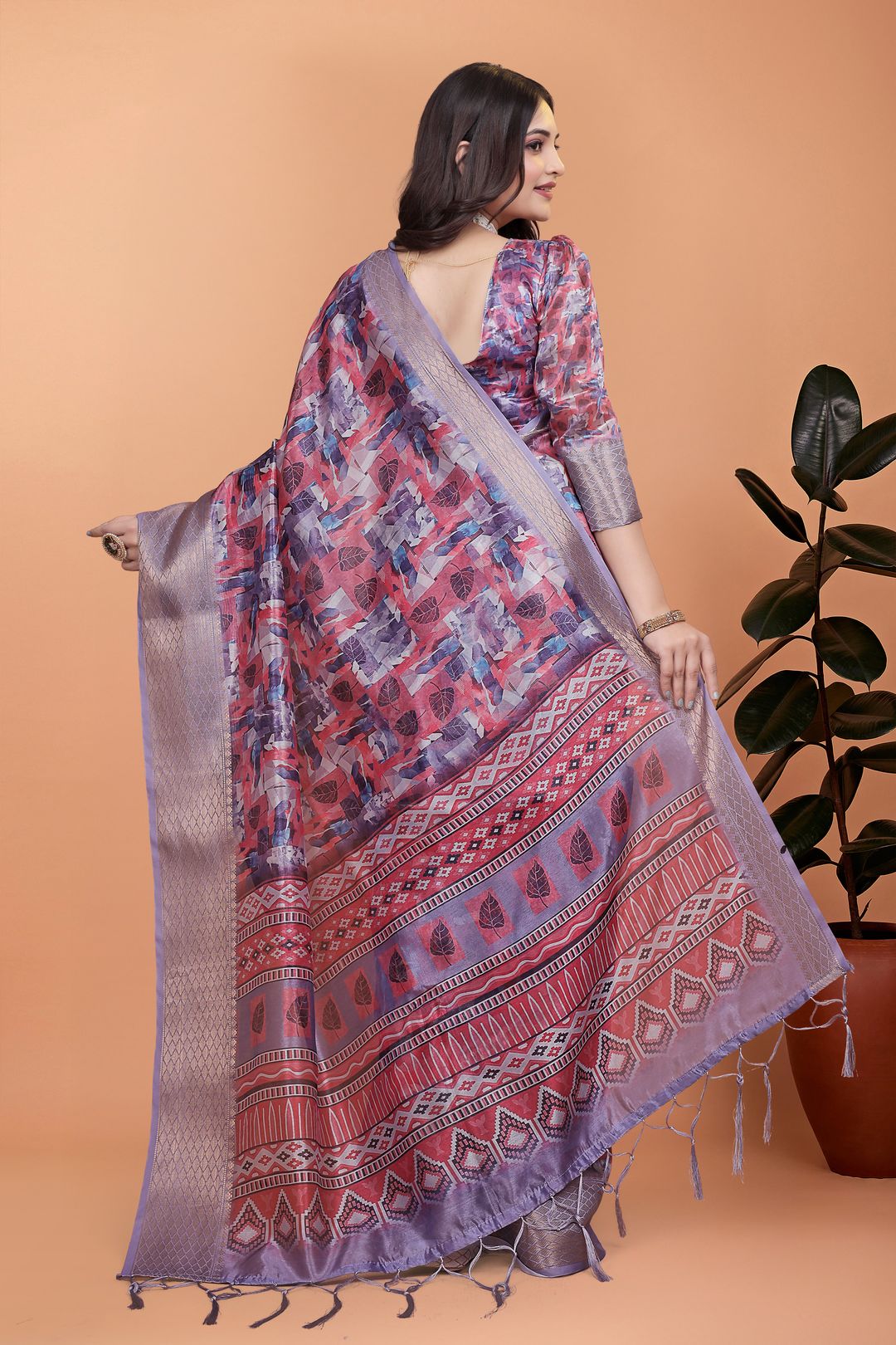 Buy Mauve Floral Printed Satin Saree With Woven Border
