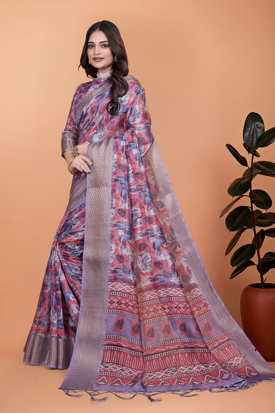 Buy Mauve Floral Printed Satin Saree With Woven Border
