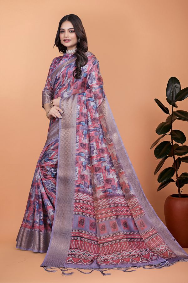 Buy Mauve Floral Printed Satin Saree With Woven Border