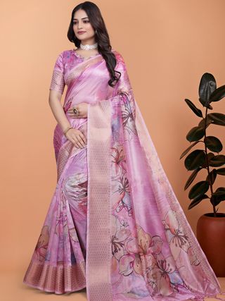 Buy Rose Pink Floral Linen Cotton Blend Saree