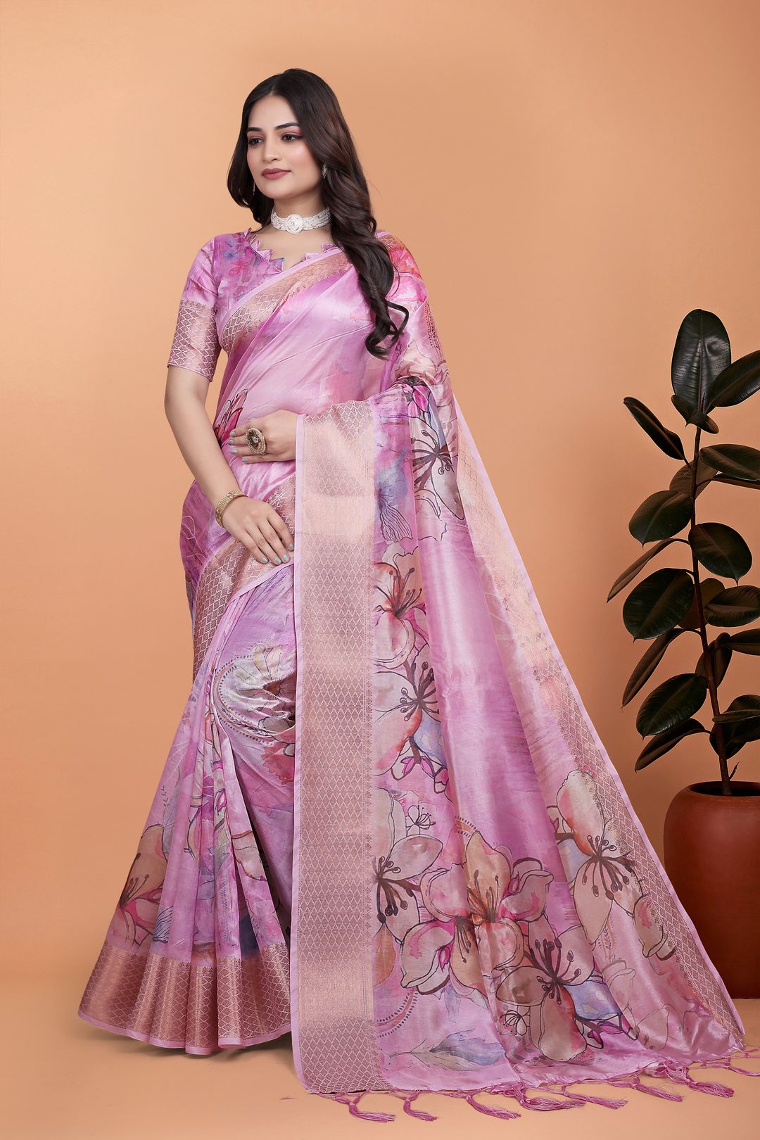 Buy Rose Pink Floral Linen Cotton Blend Saree